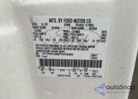 2007 Ford F-150 Lariat/Xlt z USA, uszkodzony, nr VIN 1FTPW12587FA78450